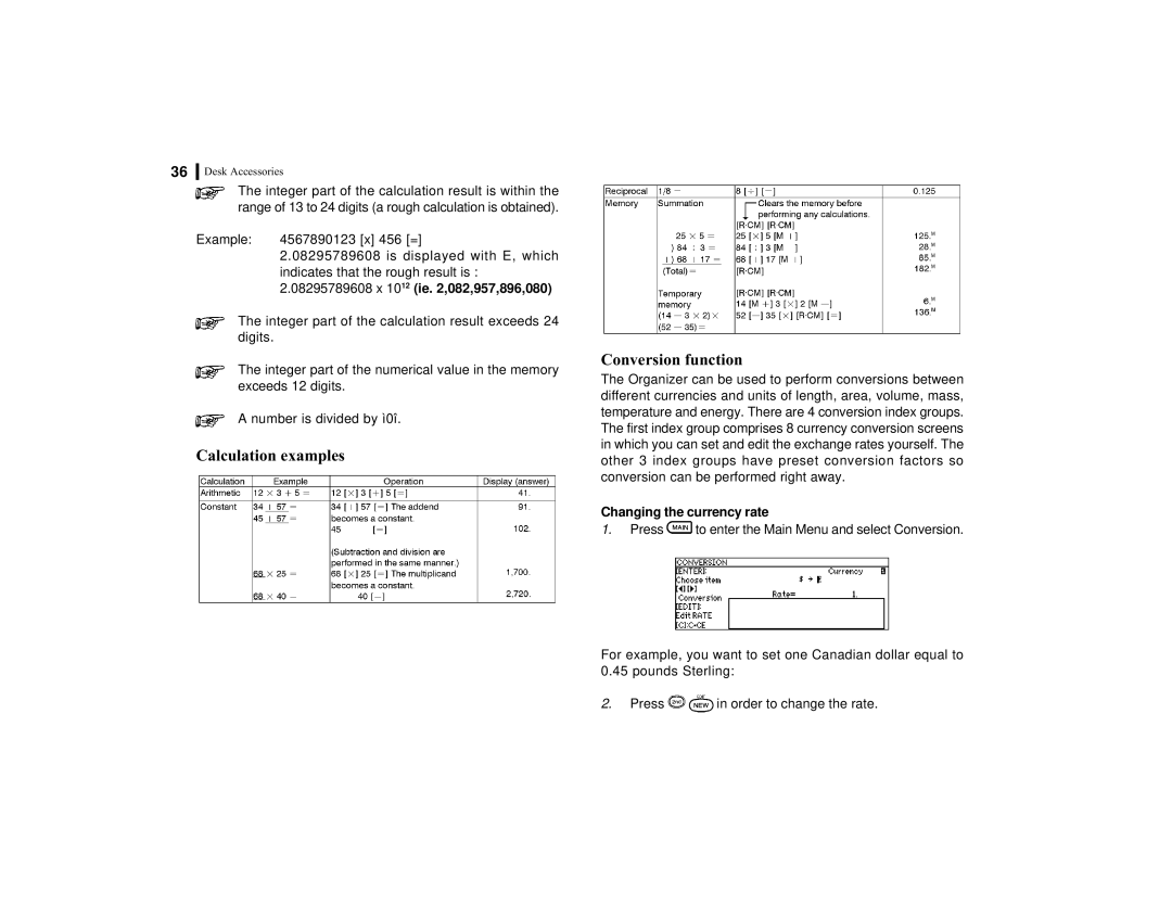 Sharp OZ-770 Calculation examples Conversion function, 08295789608 x 10 12 ie ,082,957,896,080, Changing the currency rate 