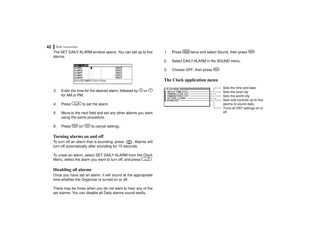 Sharp OZ-770 operation manual Turning alarms on and off, Disabling all alarms, Clock application menu 