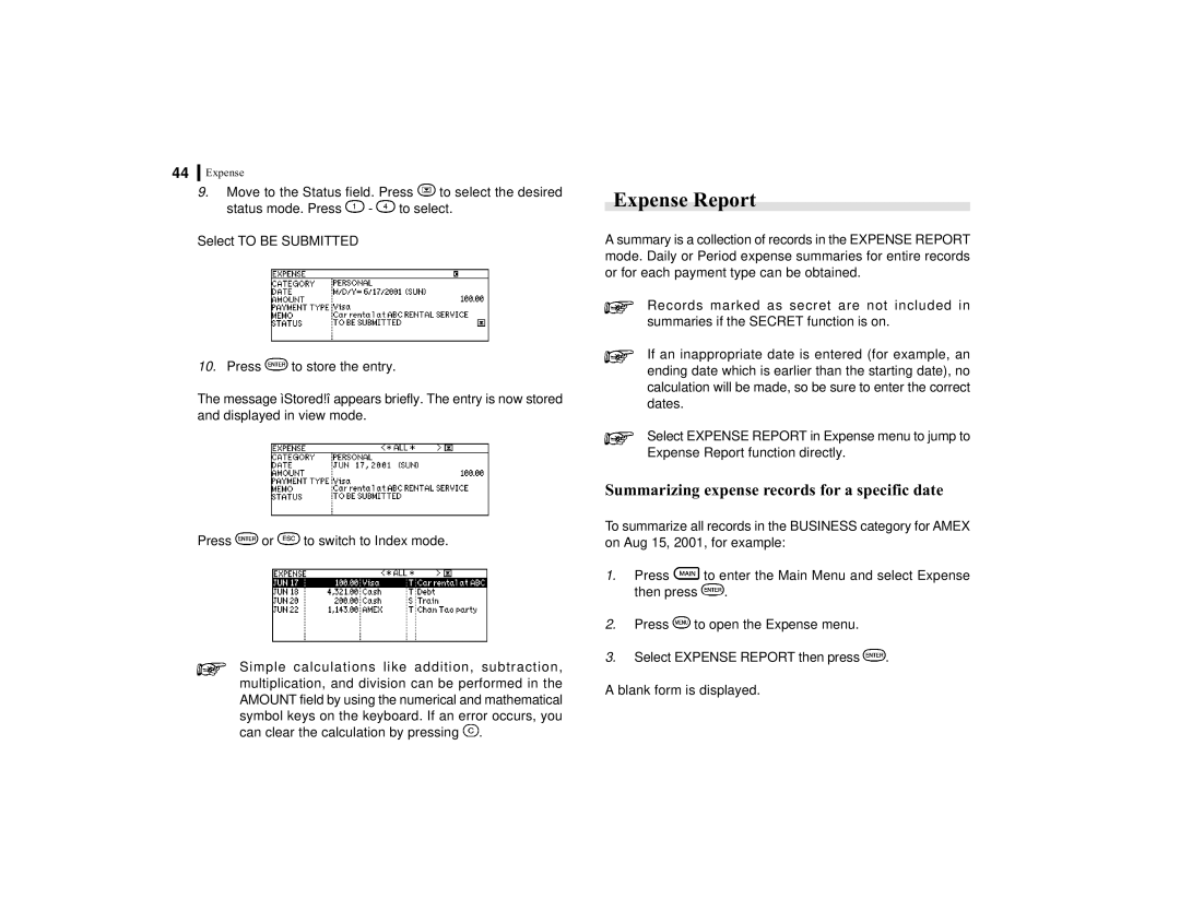 Sharp OZ-770 operation manual Expense Report, Summarizing expense records for a specific date 