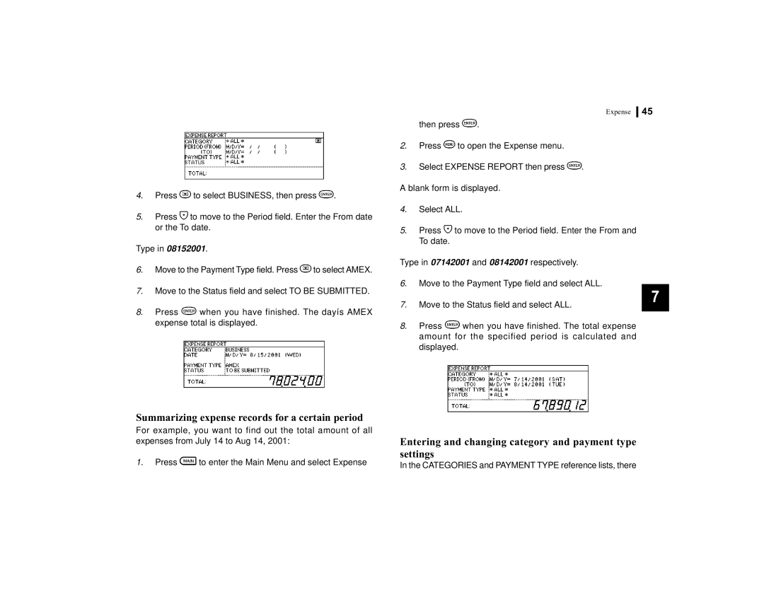 Sharp OZ-770 Summarizing expense records for a certain period, Entering and changing category and payment type settings 