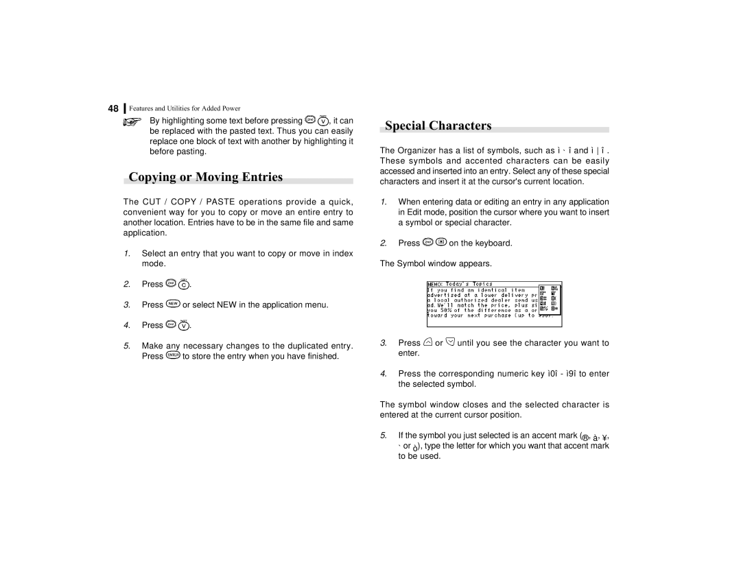 Sharp OZ-770 operation manual Copying or Moving Entries, Special Characters 