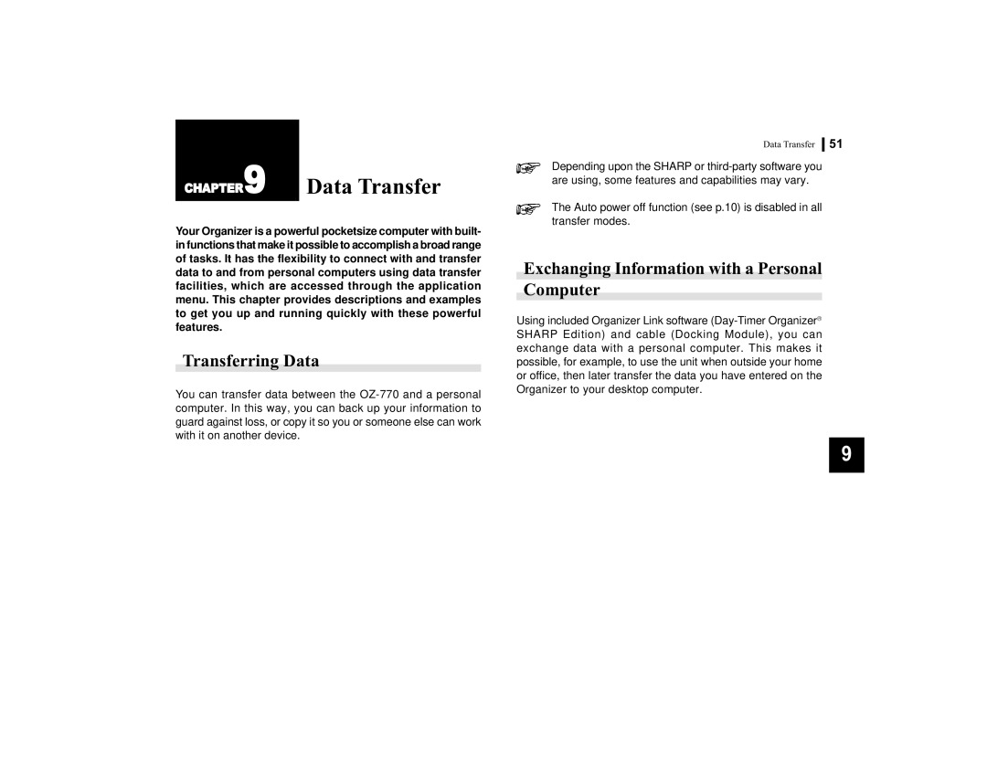 Sharp OZ-770 operation manual Transferring Data, Exchanging Information with a Personal Computer 