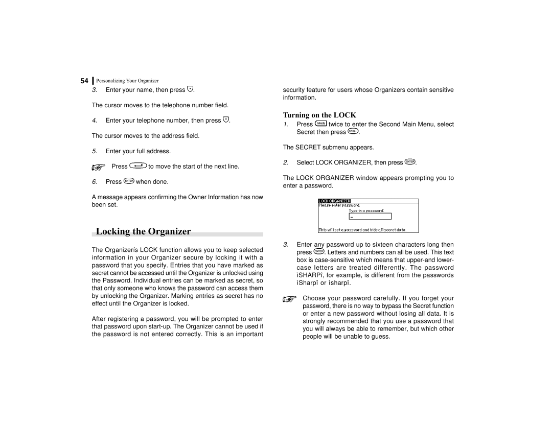 Sharp OZ-770 operation manual Locking the Organizer, Turning on the Lock 