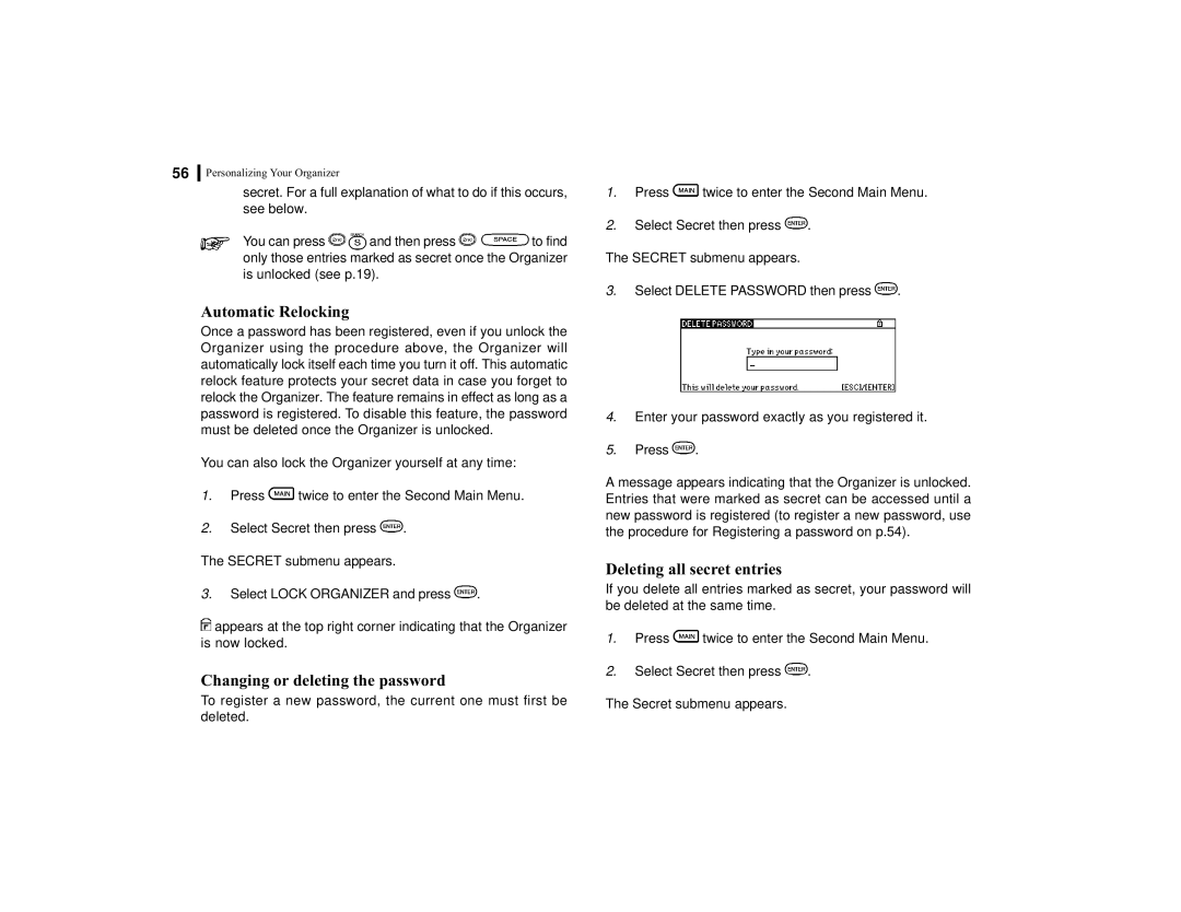 Sharp OZ-770 operation manual Automatic Relocking, Changing or deleting the password, Deleting all secret entries 