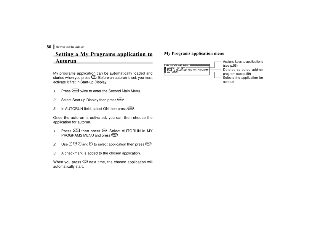 Sharp OZ-770 operation manual Setting a My Programs application to Autorun, My Programs application menu 