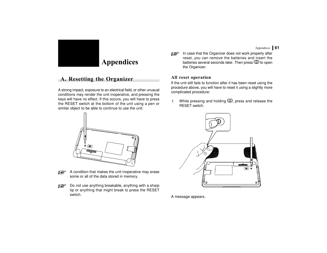 Sharp OZ-770 operation manual Appendices, Resetting the Organizer, All reset operation 