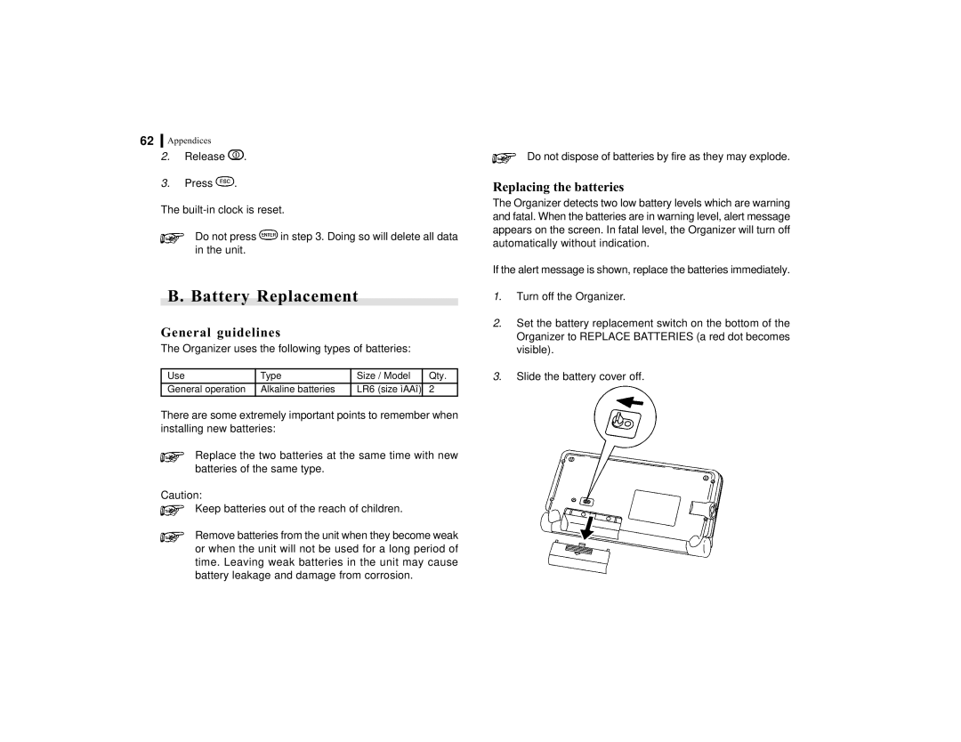 Sharp OZ-770 operation manual Battery Replacement, General guidelines, Replacing the batteries 