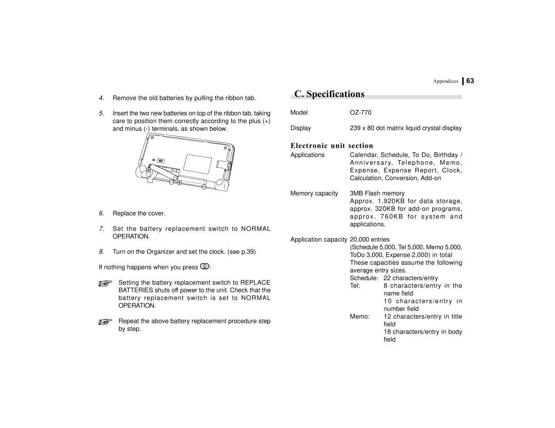 Sharp OZ-770 operation manual Specifications, Electronic unit section 