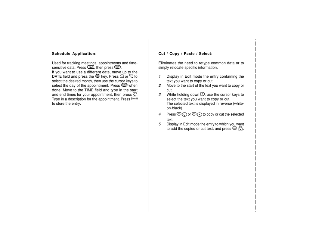 Sharp OZ-770 operation manual Schedule Application, Cut / Copy / Paste / Select 