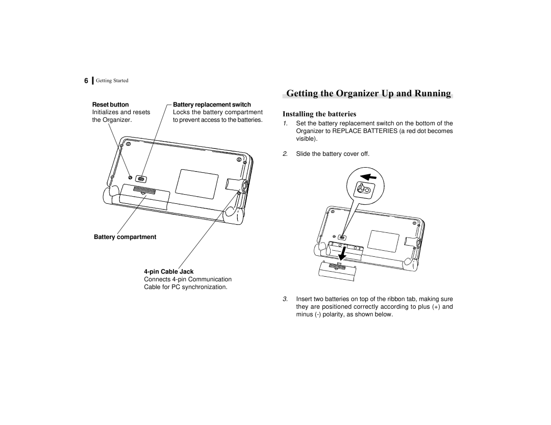Sharp OZ-770 Getting the Organizer Up and Running, Installing the batteries, Reset button Battery replacement switch 