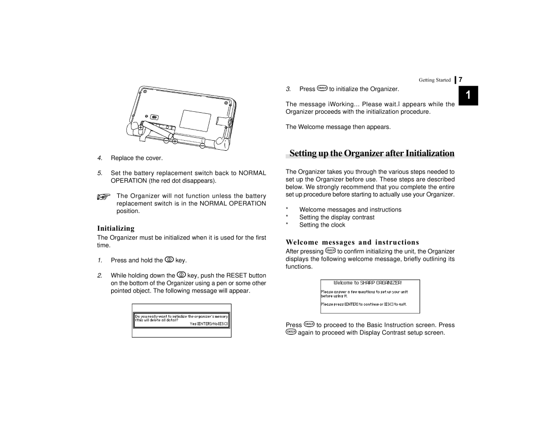 Sharp OZ-770 Setting up the Organizer after Initialization, Initializing, Welcome messages and instructions 