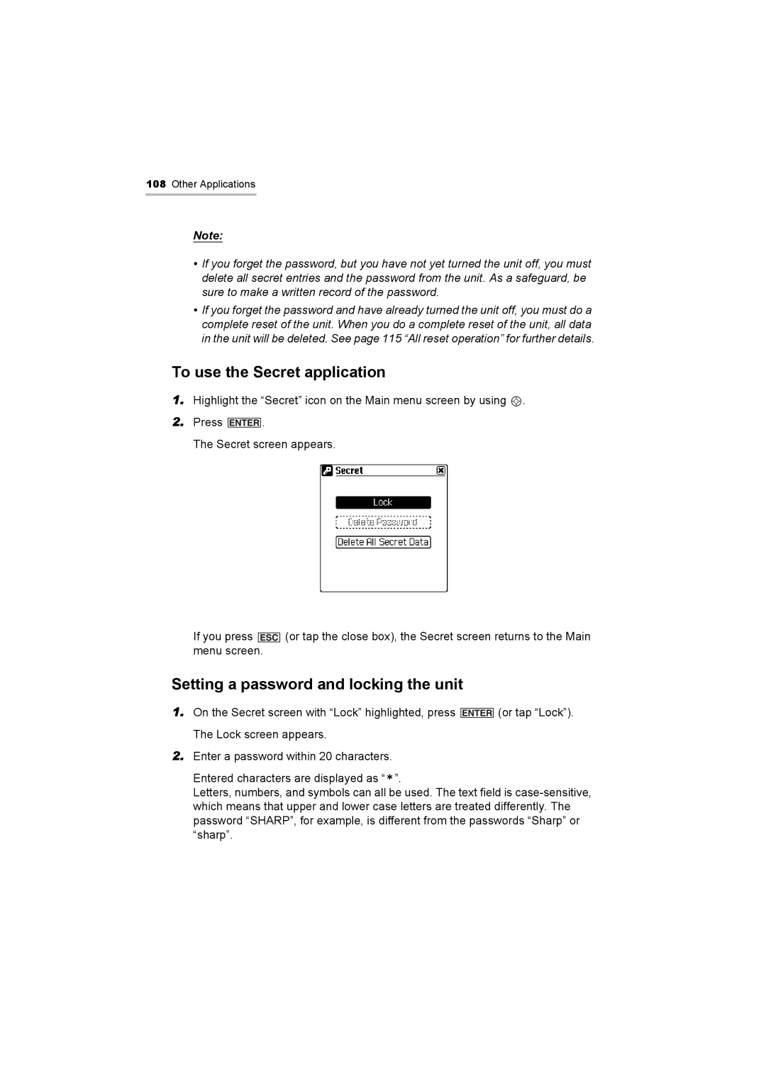 Sharp OZ-800 operation manual To use the Secret application, Setting a password and locking the unit 