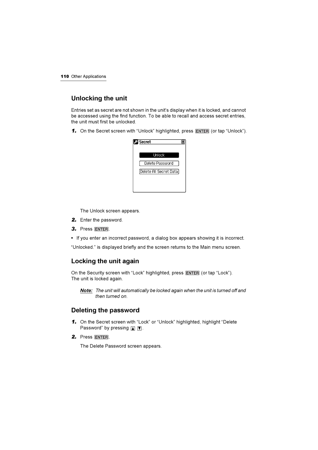 Sharp OZ-800 operation manual Unlocking the unit, Locking the unit again, Deleting the password 