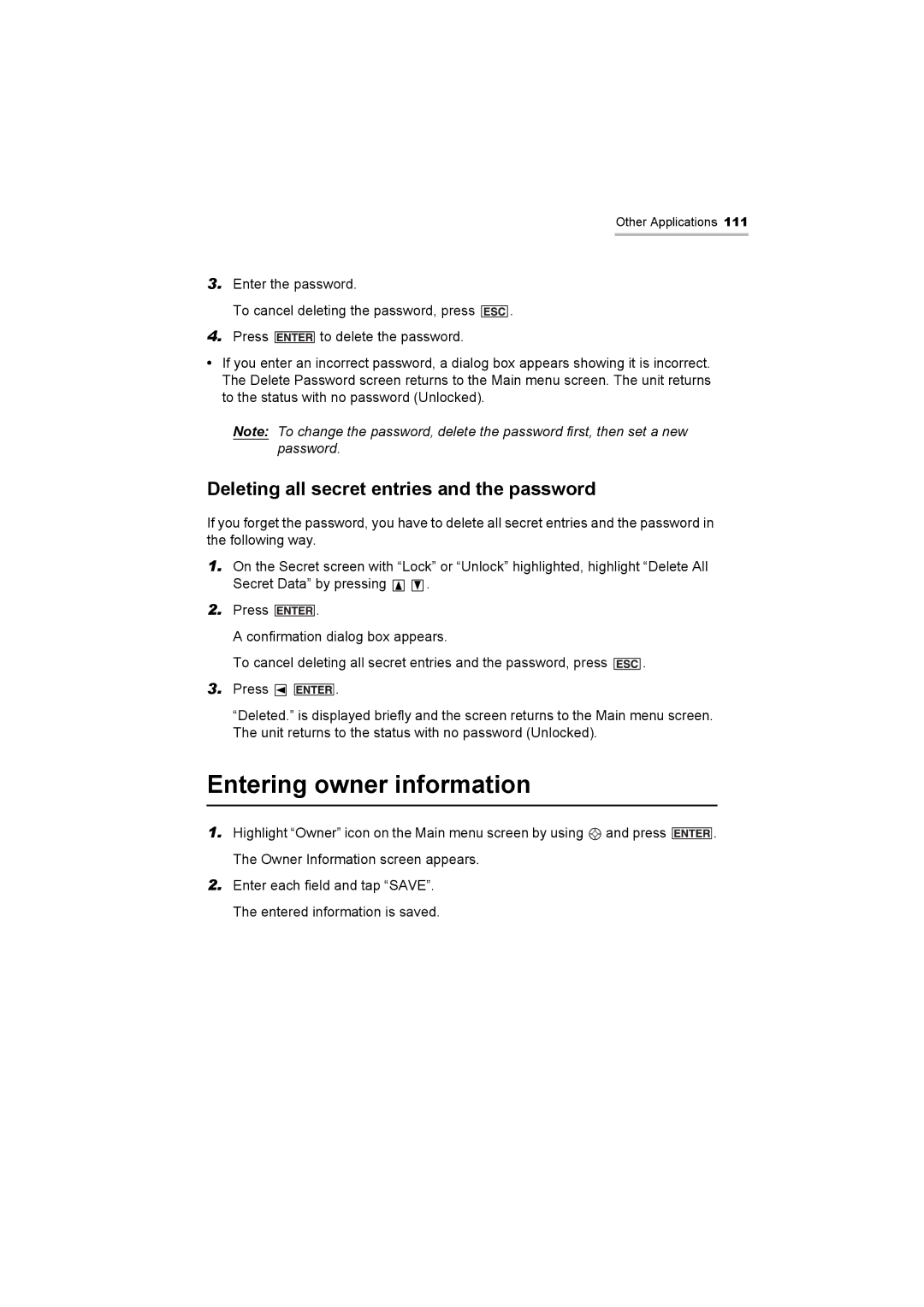 Sharp OZ-800 operation manual Entering owner information, Deleting all secret entries and the password 