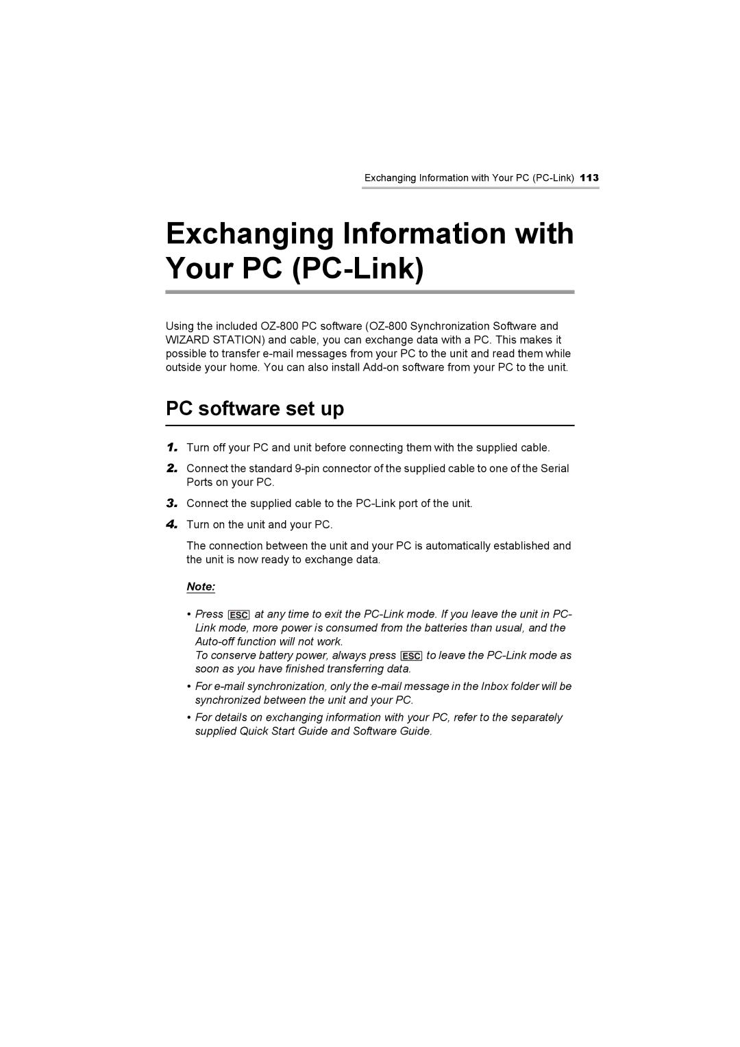 Sharp OZ-800 operation manual Exchanging Information with Your PC PC-Link, PC software set up 