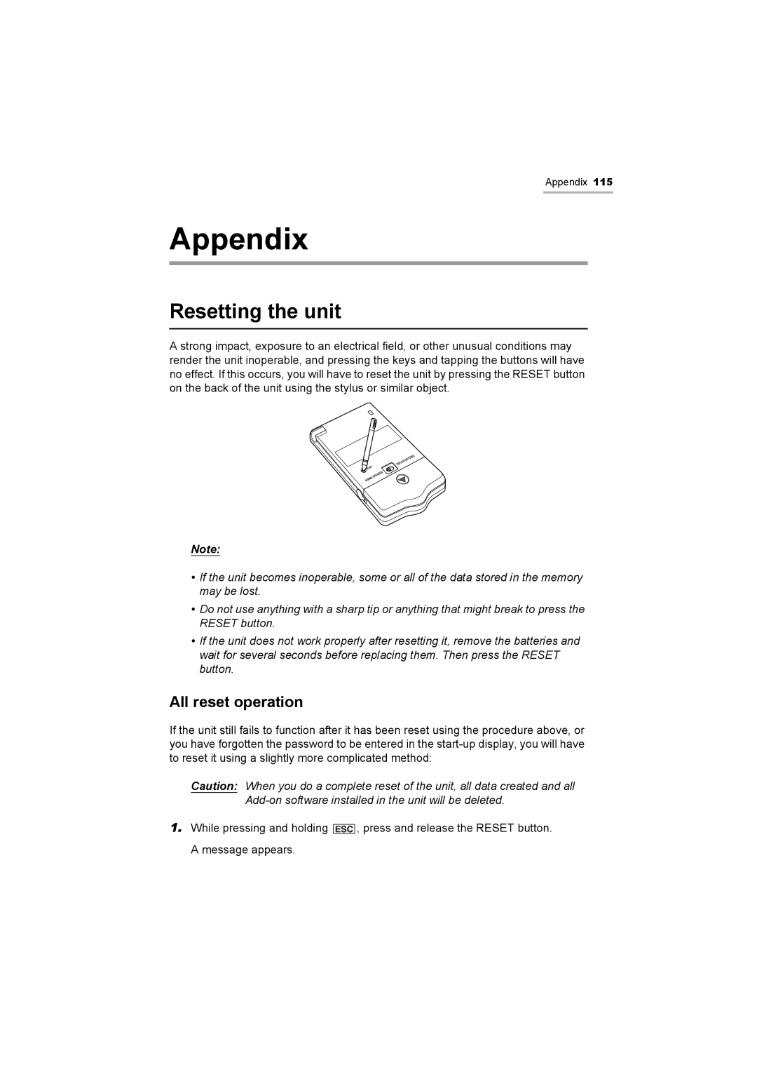 Sharp OZ-800 operation manual Appendix, Resetting the unit, All reset operation 