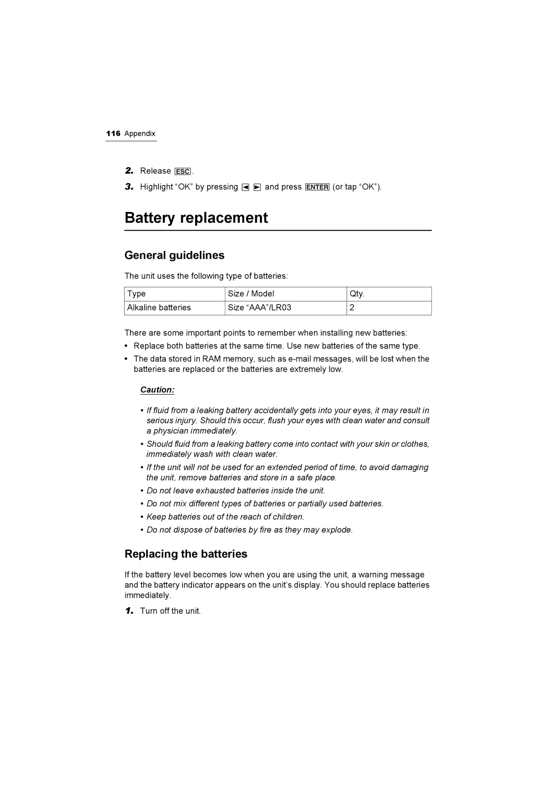 Sharp OZ-800 operation manual Battery replacement, General guidelines, Replacing the batteries 