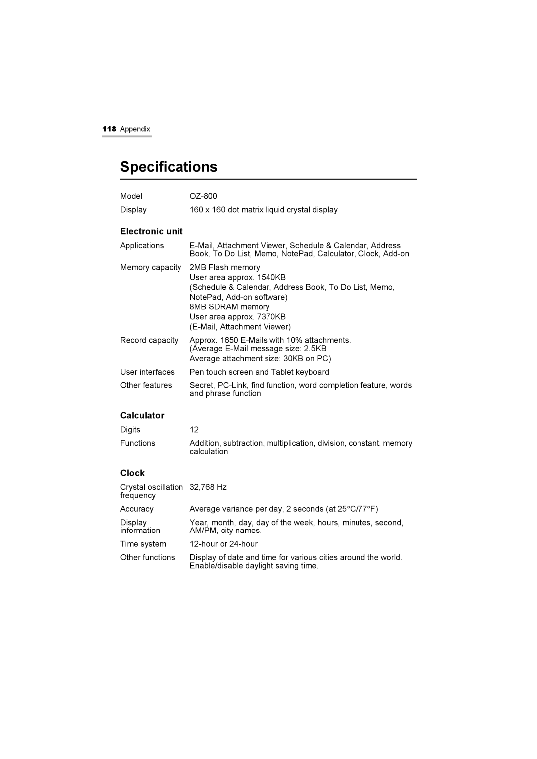 Sharp OZ-800 operation manual Specifications, Electronic unit, Calculator, Clock 