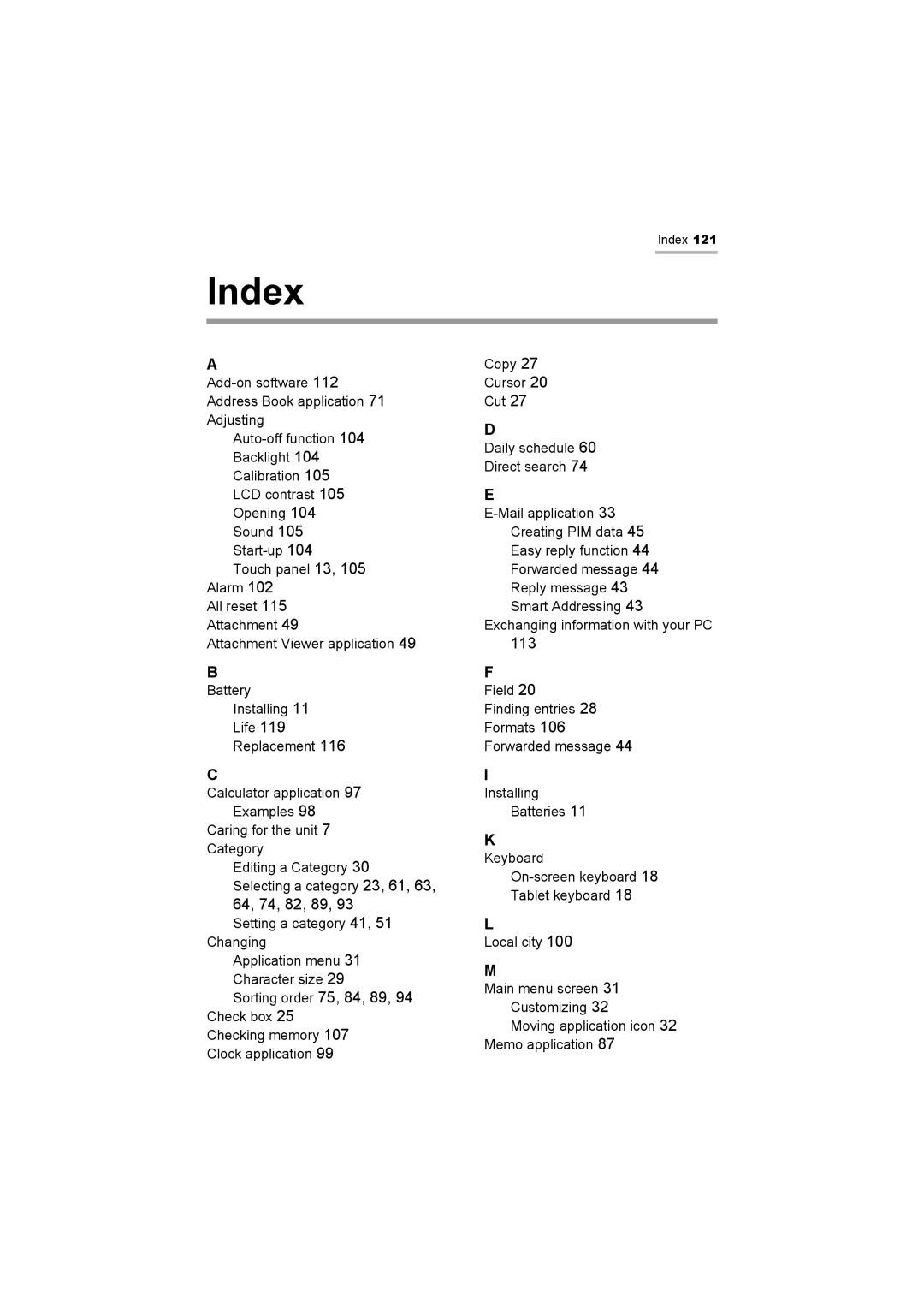 Sharp OZ-800 operation manual Index, 113 