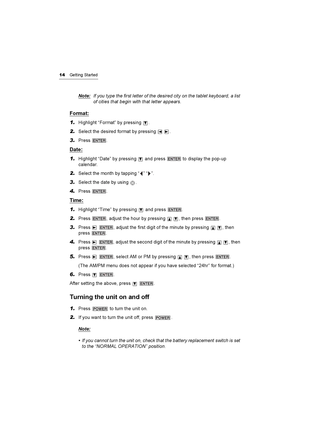 Sharp OZ-800 operation manual Turning the unit on and off, Format, Date, Time 