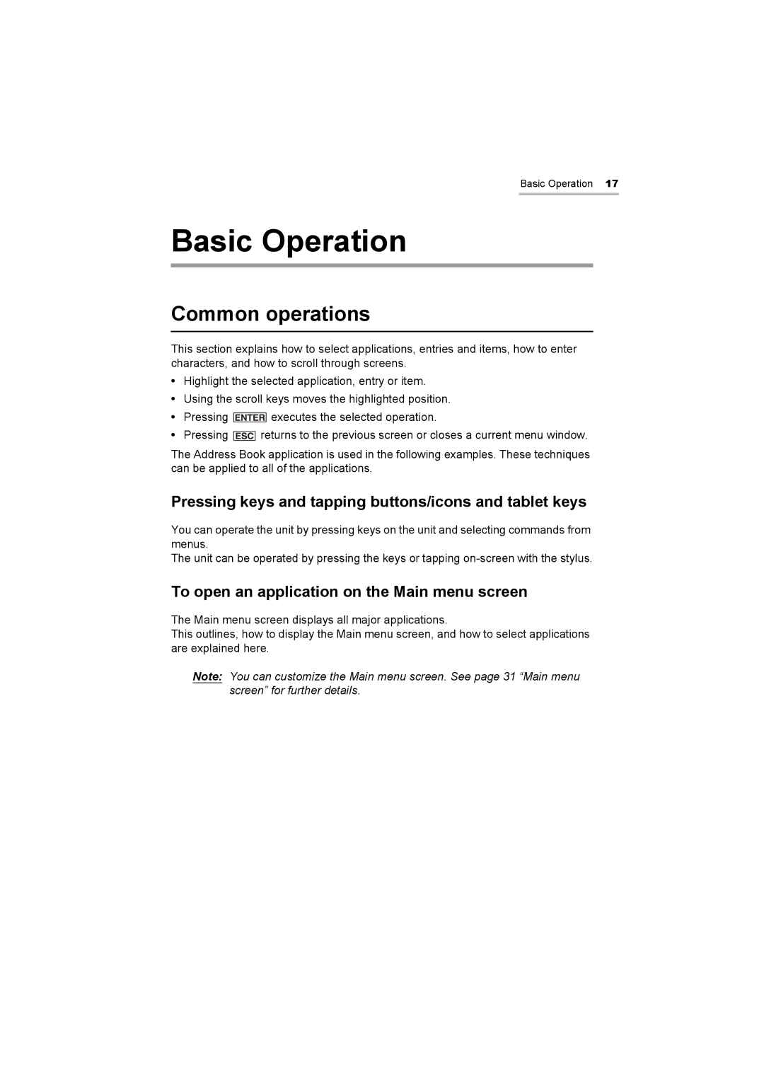 Sharp OZ-800 operation manual Basic Operation, Common operations, Pressing keys and tapping buttons/icons and tablet keys 