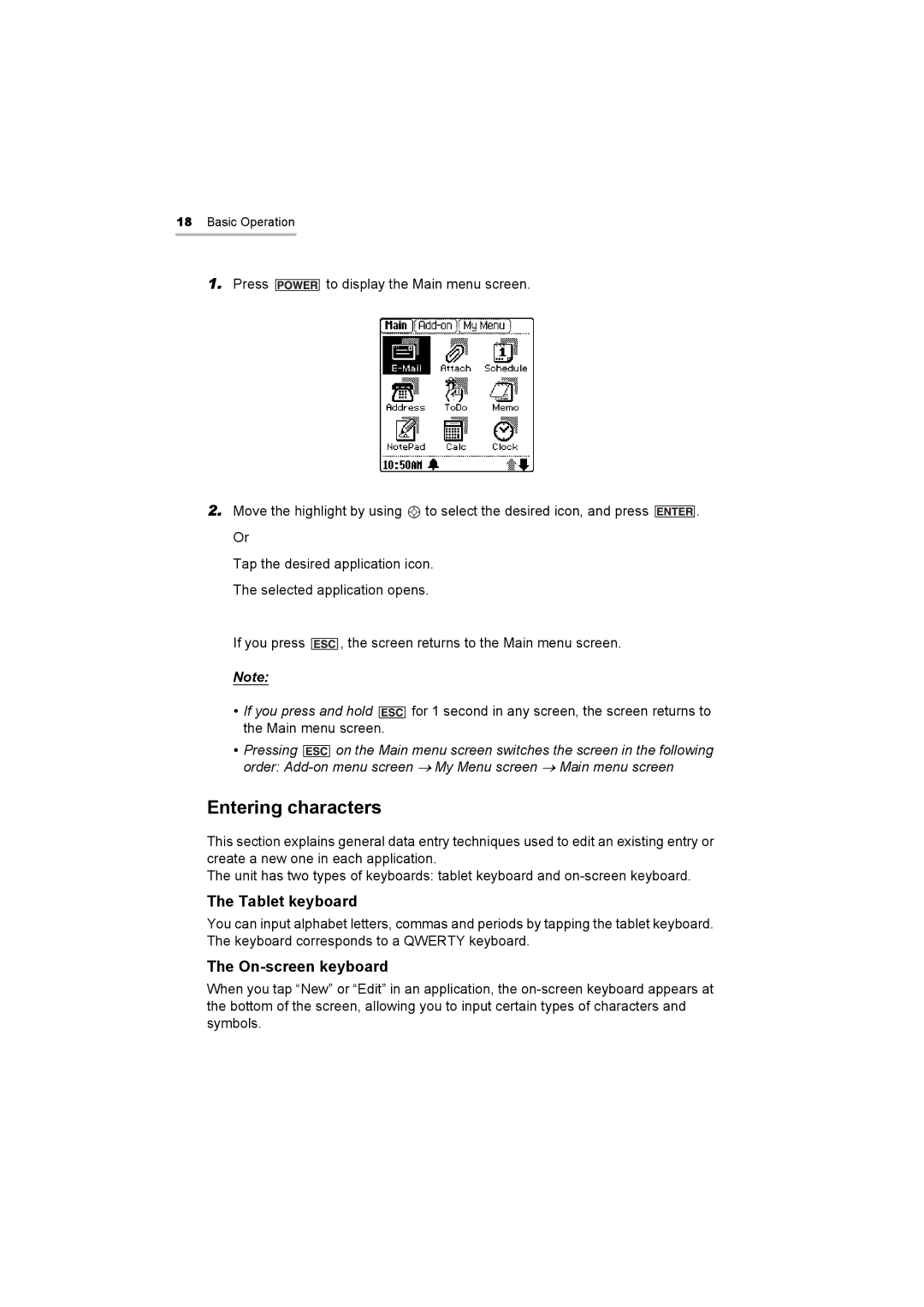 Sharp OZ-800 operation manual Entering characters, Tablet keyboard, On-screen keyboard 