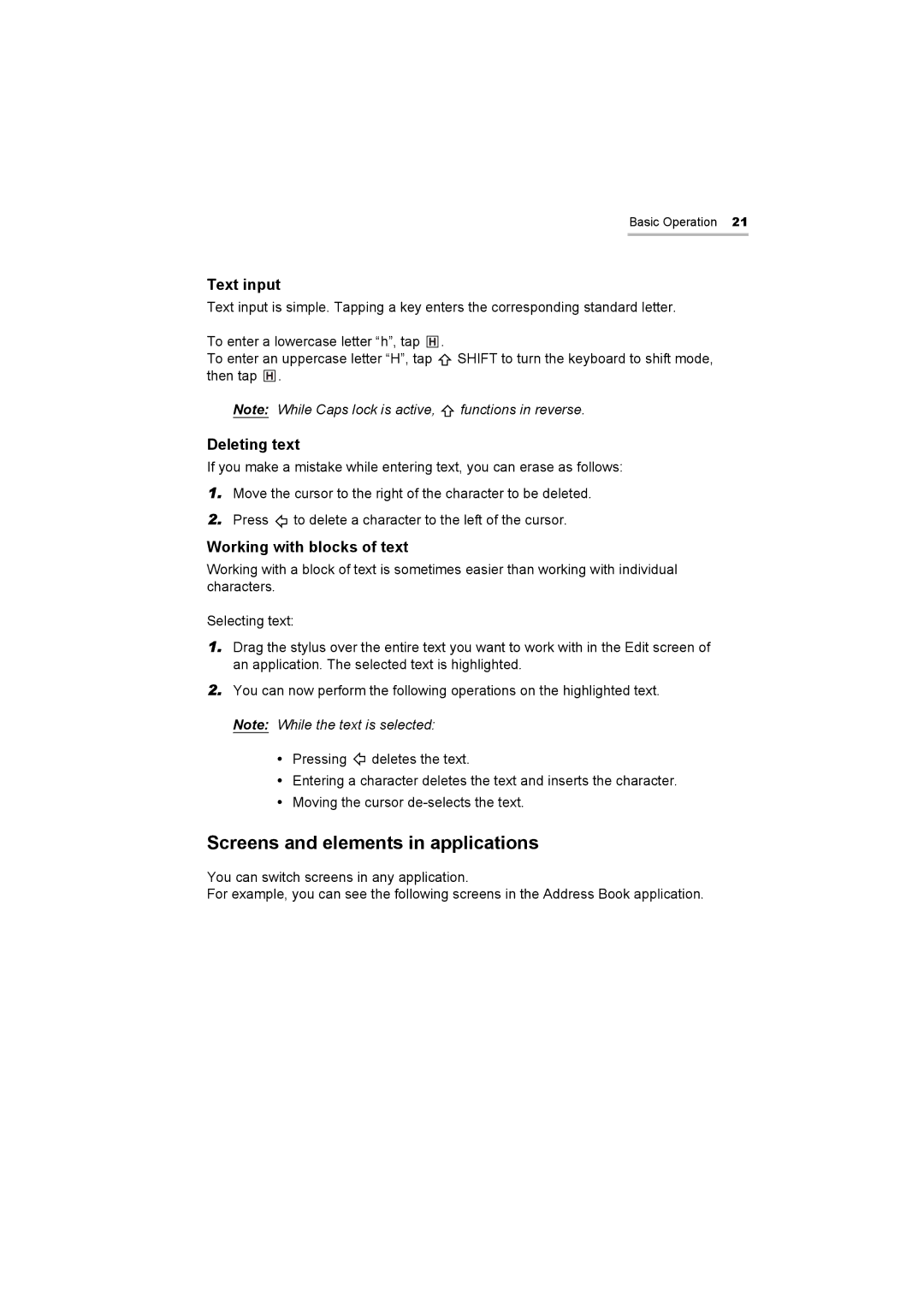 Sharp OZ-800 operation manual Screens and elements in applications, Text input, Deleting text, Working with blocks of text 