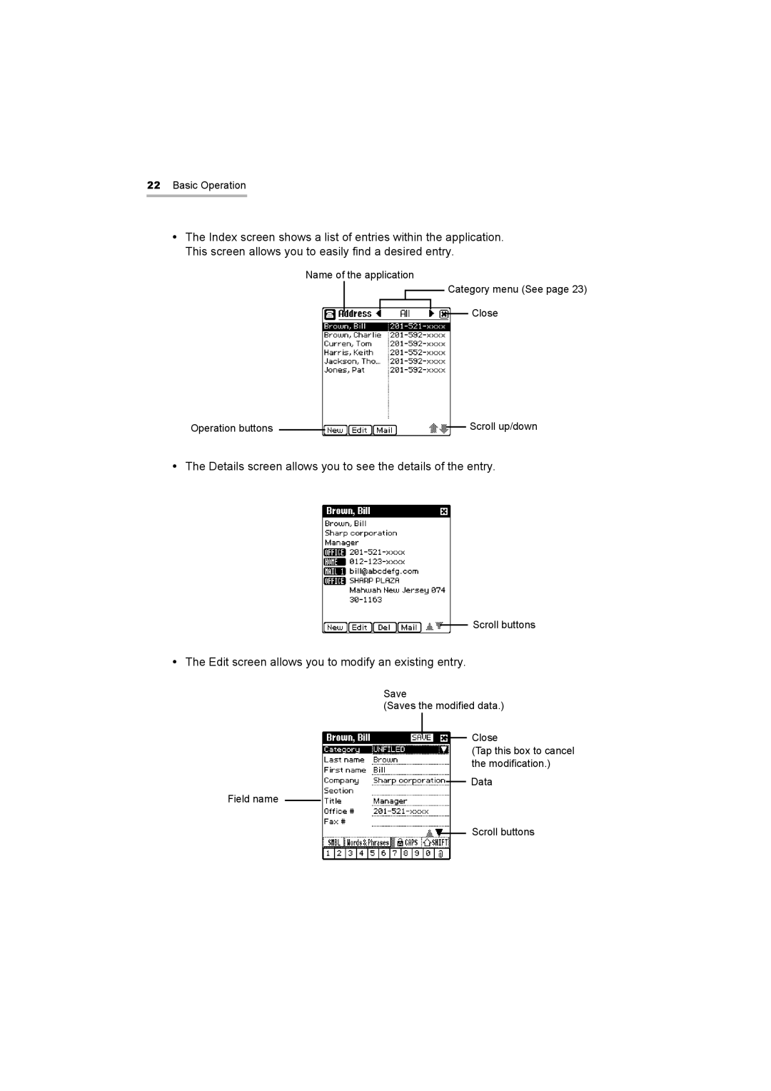 Sharp OZ-800 operation manual Details screen allows you to see the details of the entry 