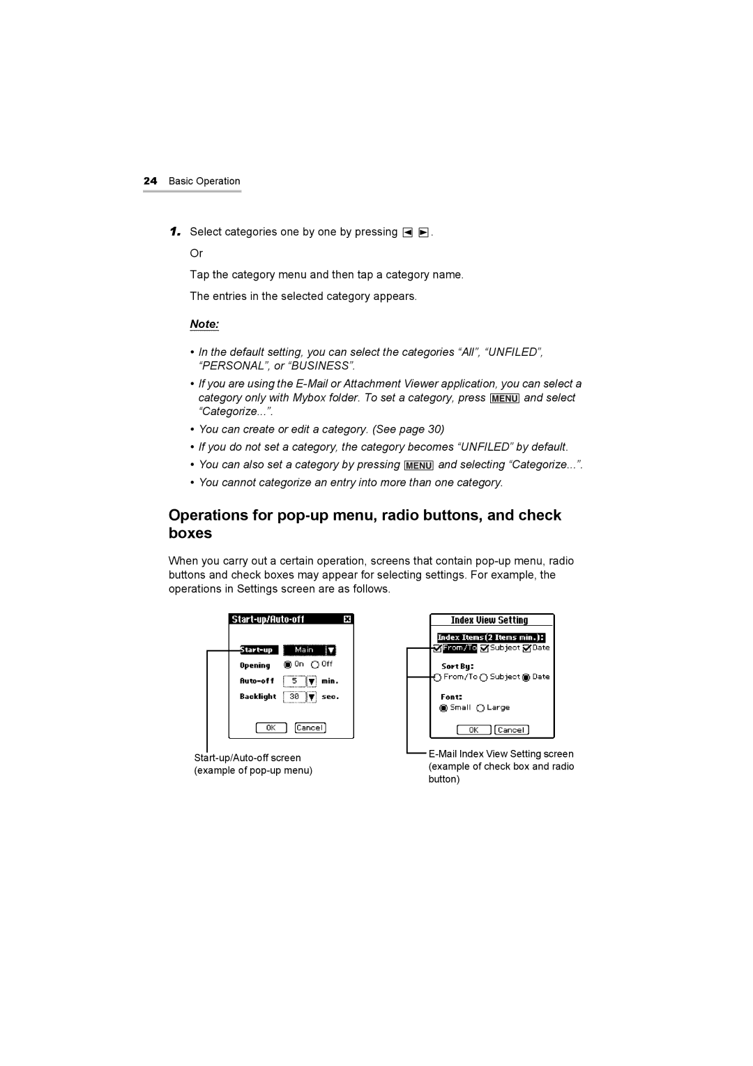 Sharp OZ-800 operation manual Operations for pop-up menu, radio buttons, and check boxes 