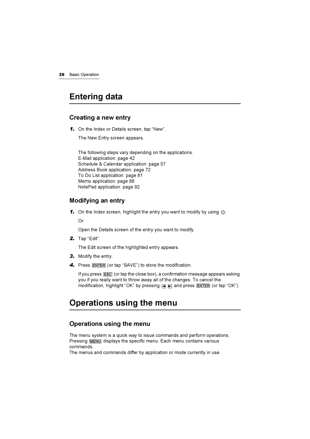 Sharp OZ-800 operation manual Entering data, Operations using the menu, Creating a new entry, Modifying an entry 