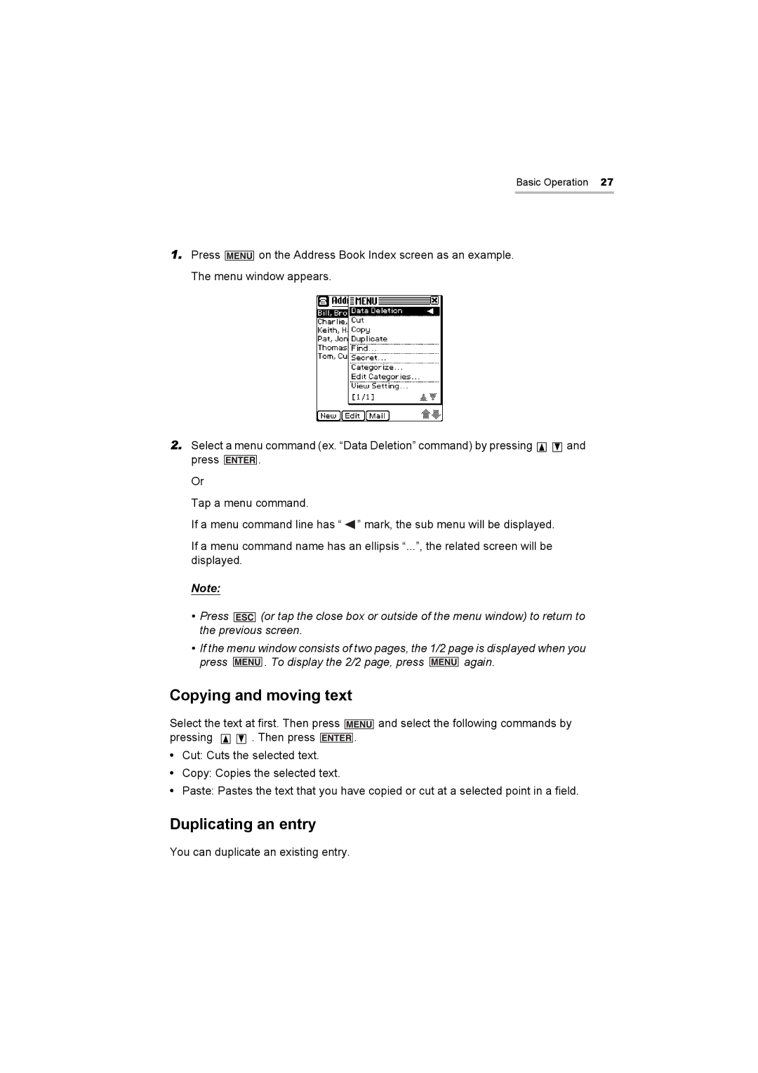 Sharp OZ-800 operation manual Copying and moving text, Duplicating an entry 