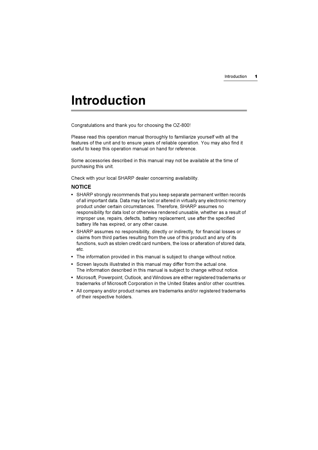 Sharp OZ-800 operation manual Introduction 