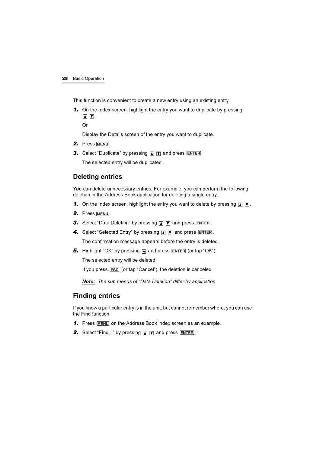 Sharp OZ-800 operation manual Deleting entries, Finding entries 