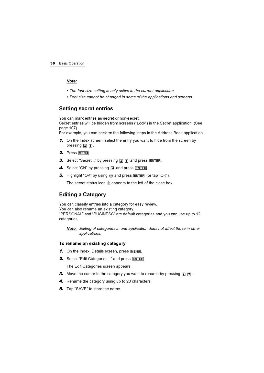 Sharp OZ-800 operation manual Setting secret entries, Editing a Category, To rename an existing category 