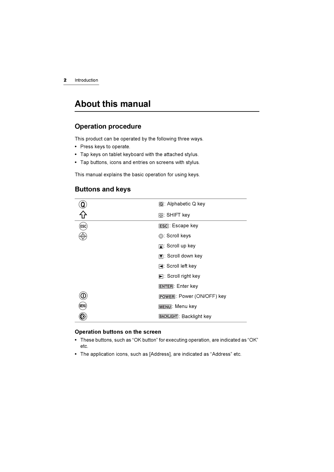 Sharp OZ-800 operation manual About this manual, Operation procedure, Buttons and keys, Operation buttons on the screen 