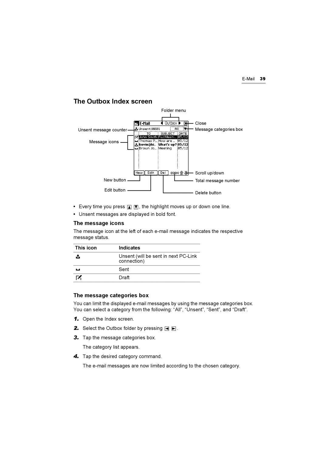 Sharp OZ-800 operation manual Outbox Index screen, Message icons 