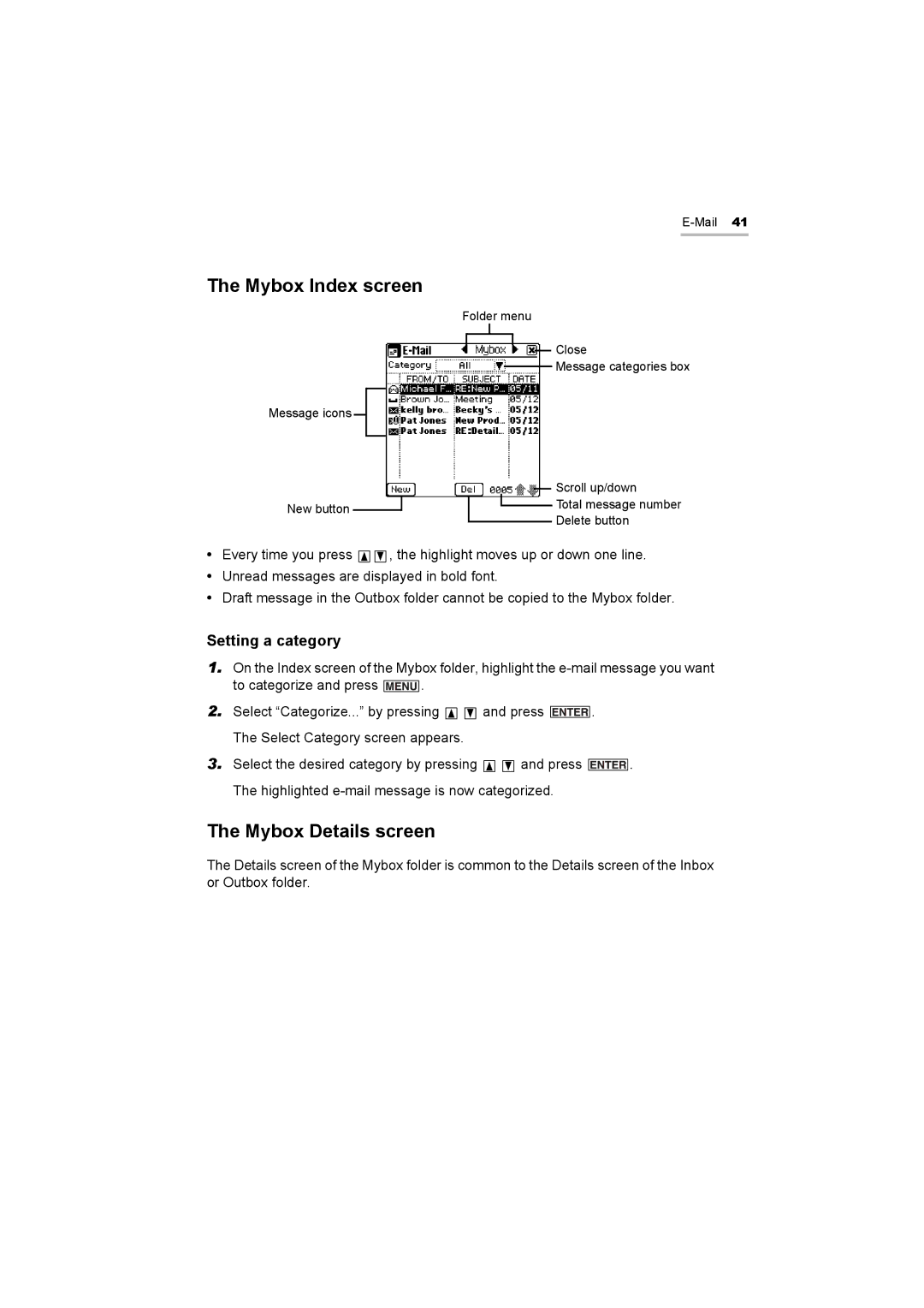 Sharp OZ-800 operation manual Mybox Index screen, Mybox Details screen, Setting a category 