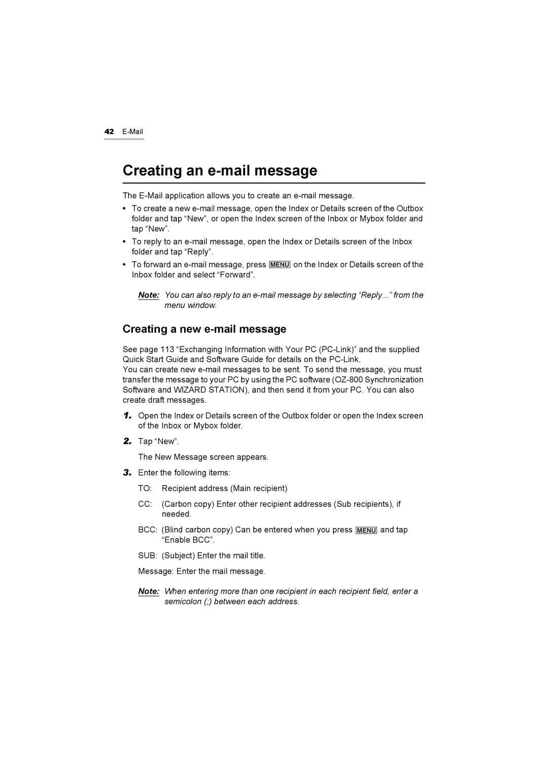 Sharp OZ-800 operation manual Creating an e-mail message, Creating a new e-mail message 