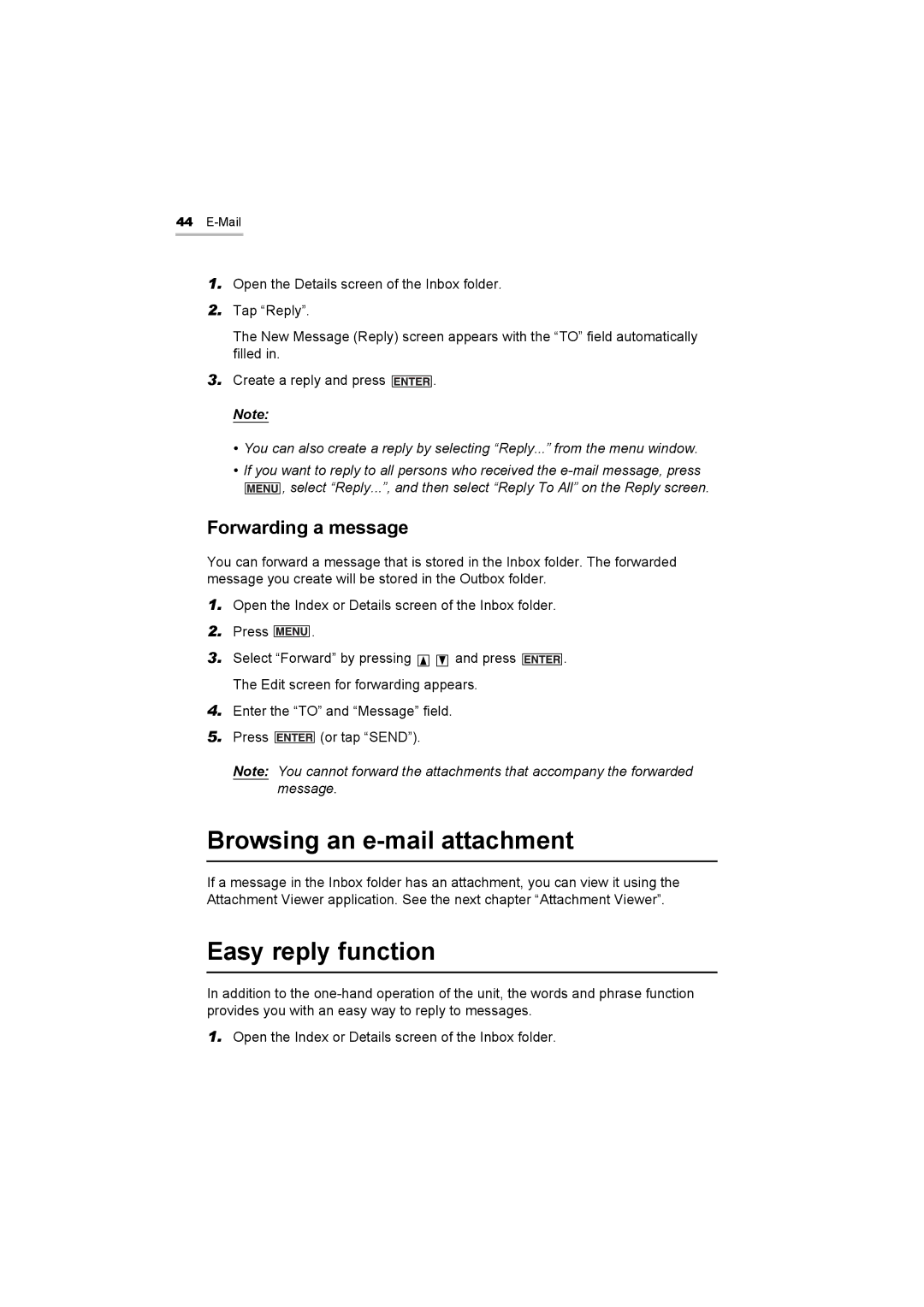 Sharp OZ-800 operation manual Browsing an e-mail attachment, Easy reply function, Forwarding a message 