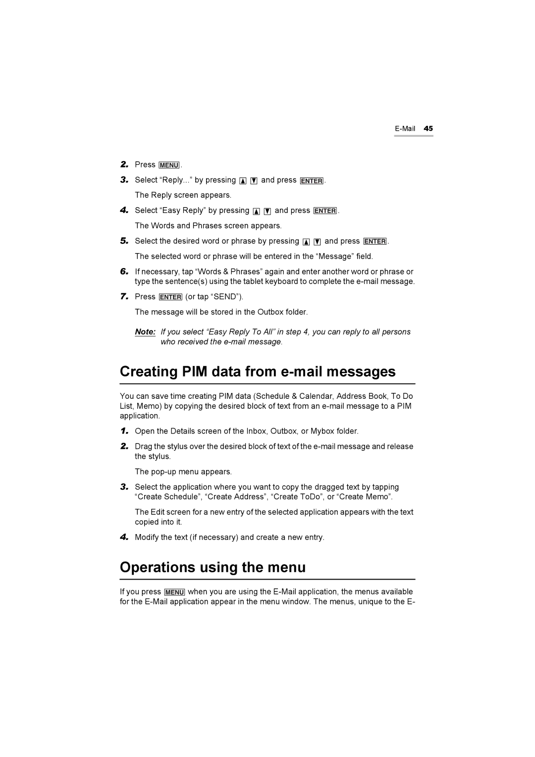 Sharp OZ-800 operation manual Creating PIM data from e-mail messages, Operations using the menu 