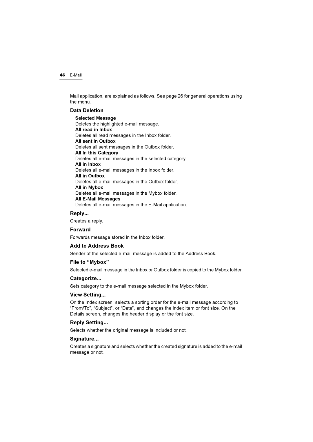 Sharp OZ-800 Data Deletion, Forward, Add to Address Book, File to Mybox, Categorize, View Setting, Reply Setting 