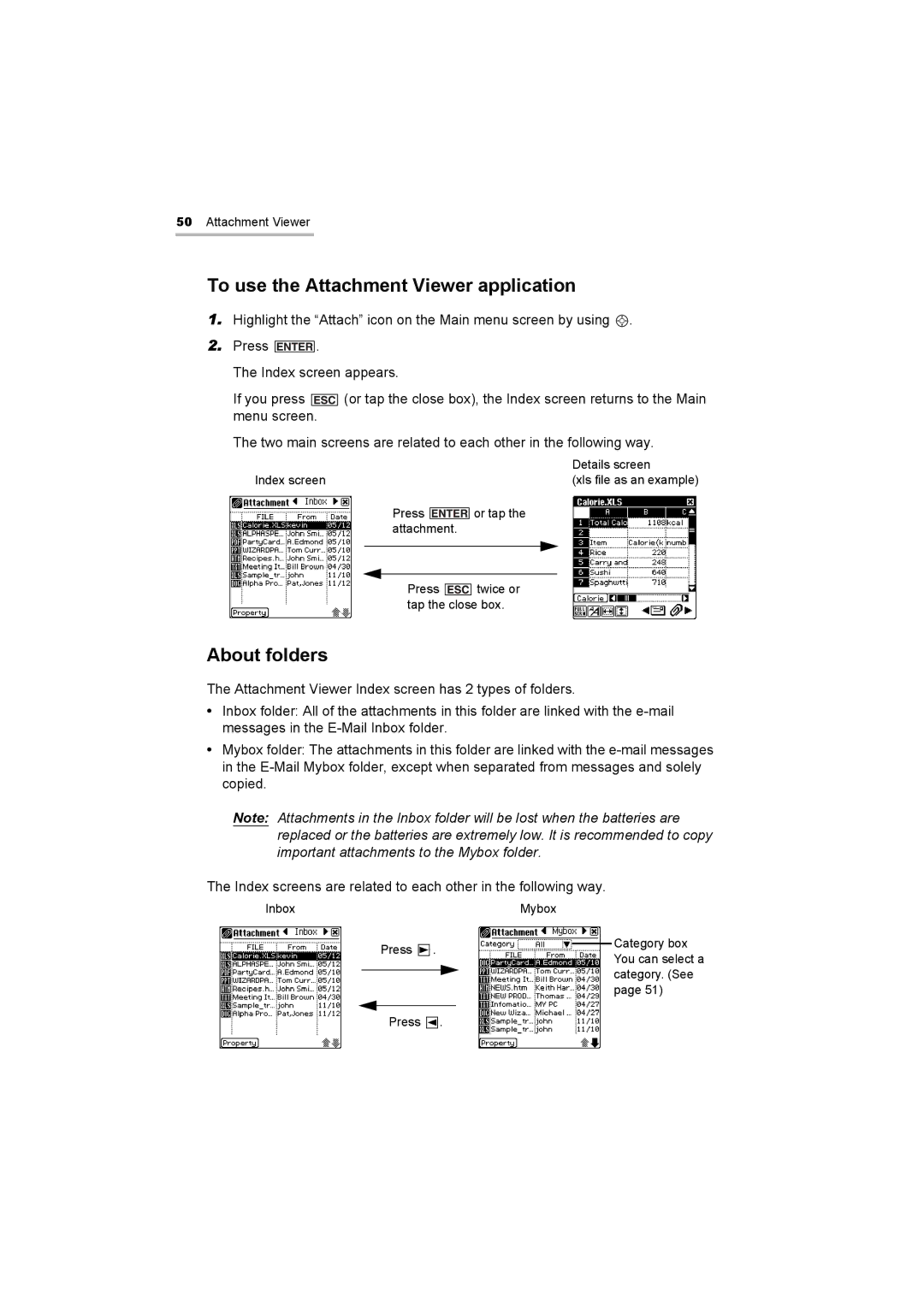 Sharp OZ-800 operation manual To use the Attachment Viewer application, About folders 