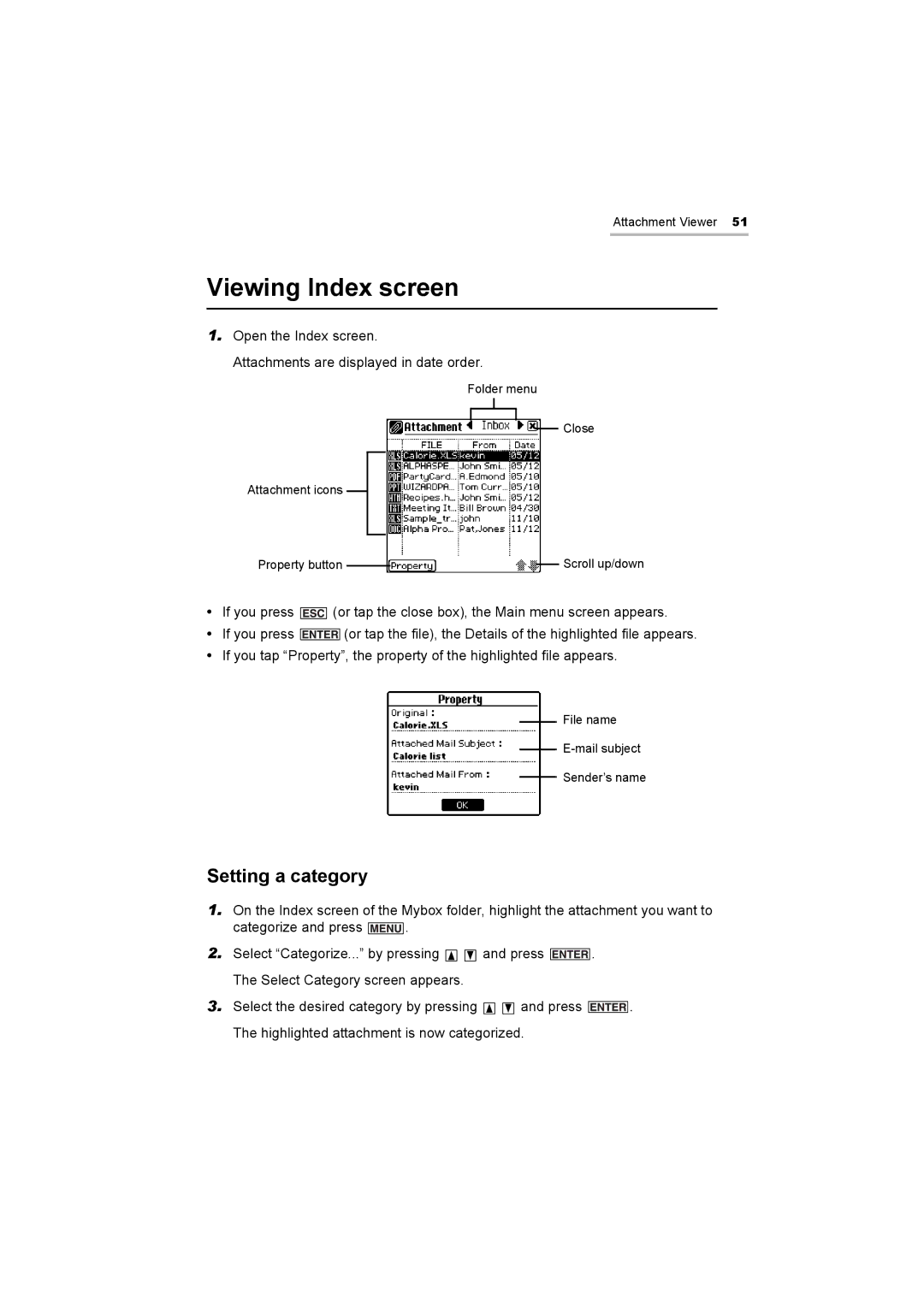 Sharp OZ-800 operation manual Viewing Index screen, Setting a category 