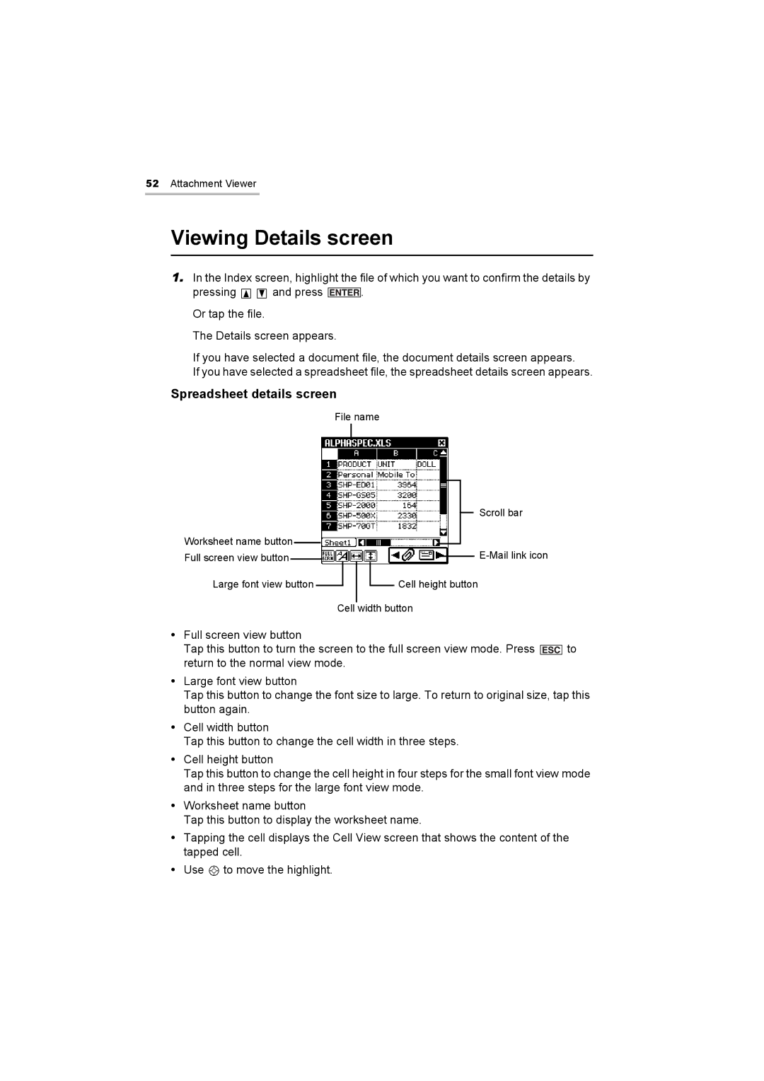 Sharp OZ-800 operation manual Viewing Details screen, Spreadsheet details screen 