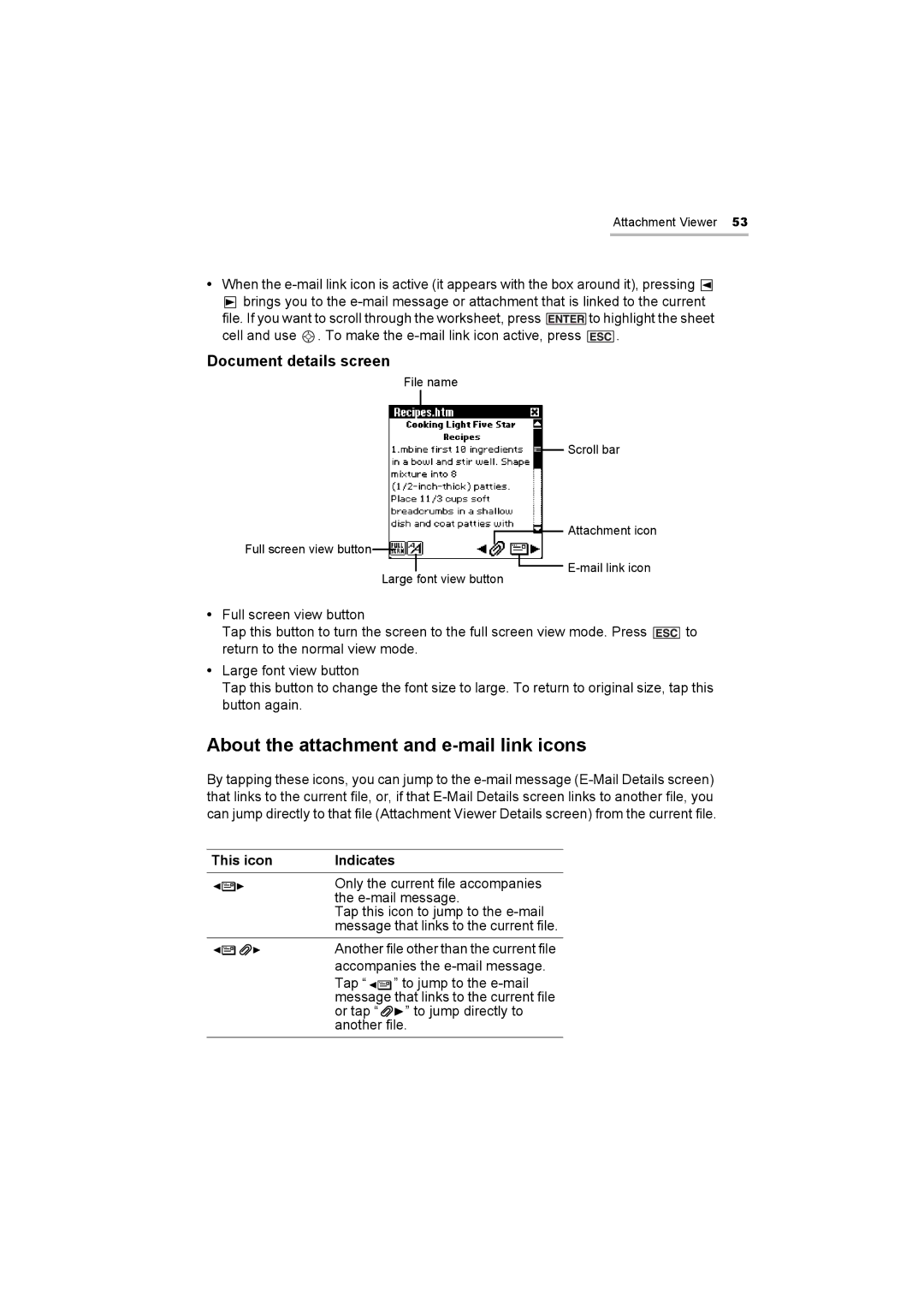 Sharp OZ-800 operation manual About the attachment and e-mail link icons, Document details screen 