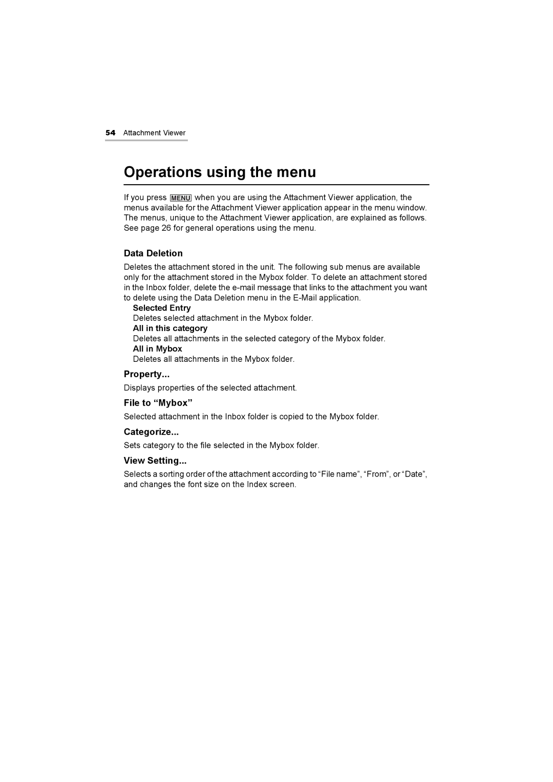 Sharp OZ-800 operation manual Operations using the menu, Property 