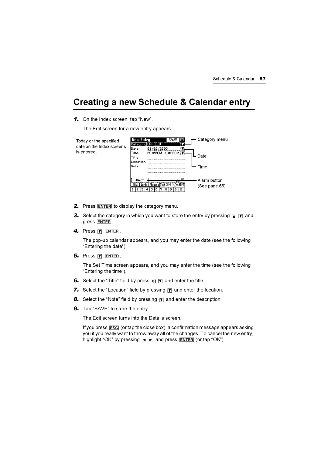 Sharp OZ-800 operation manual Creating a new Schedule & Calendar entry 