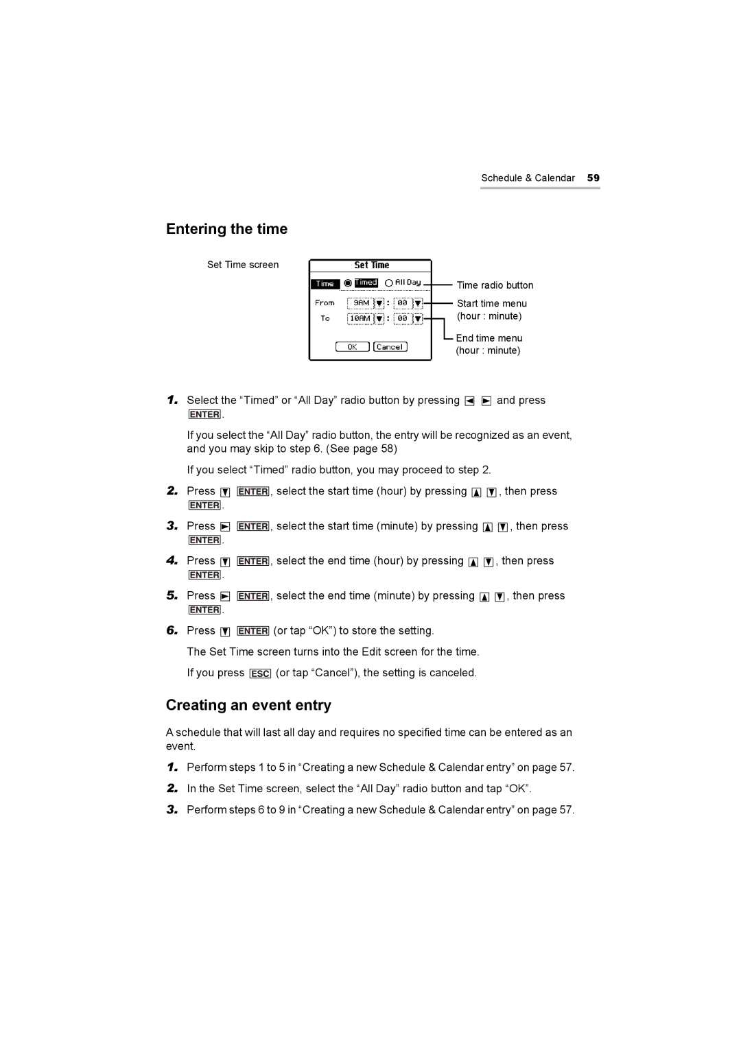 Sharp OZ-800 operation manual Entering the time, Creating an event entry 