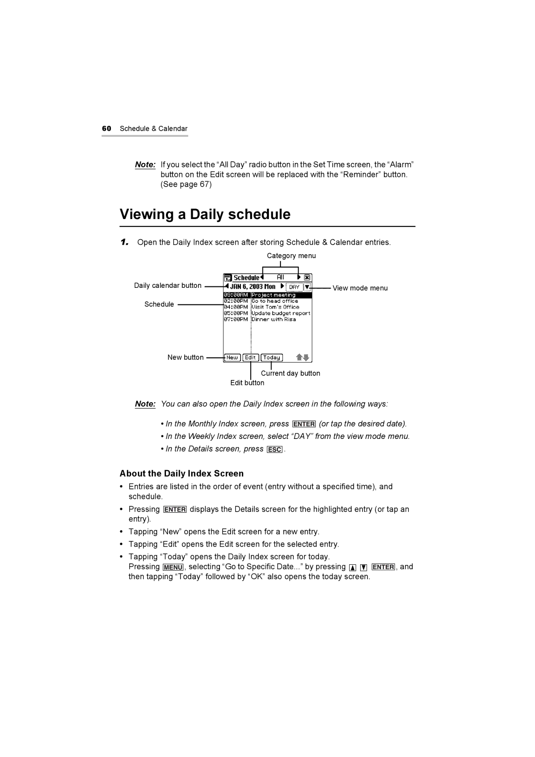 Sharp OZ-800 operation manual Viewing a Daily schedule, About the Daily Index Screen 