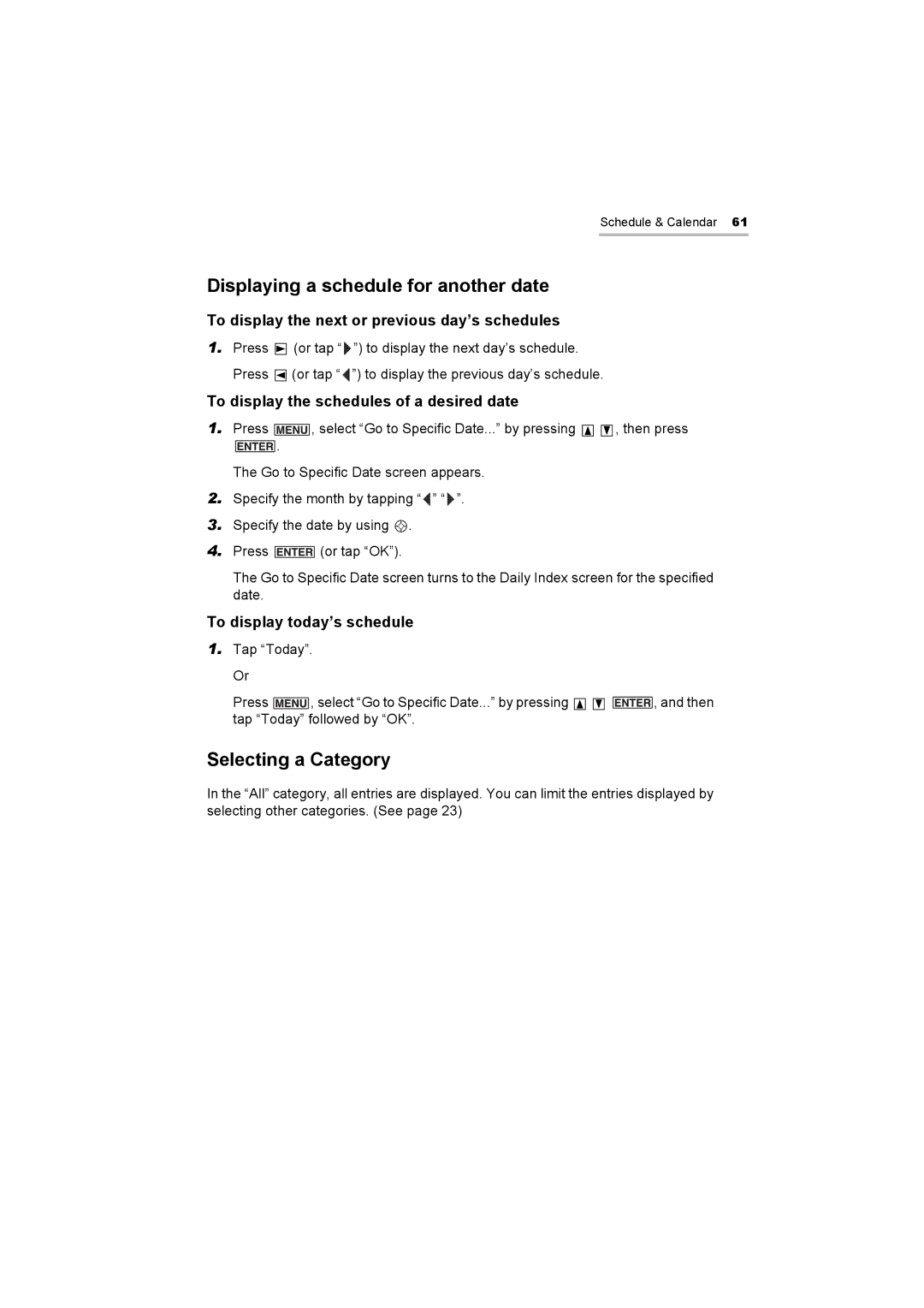 Sharp OZ-800 operation manual Displaying a schedule for another date, To display the next or previous day’s schedules 